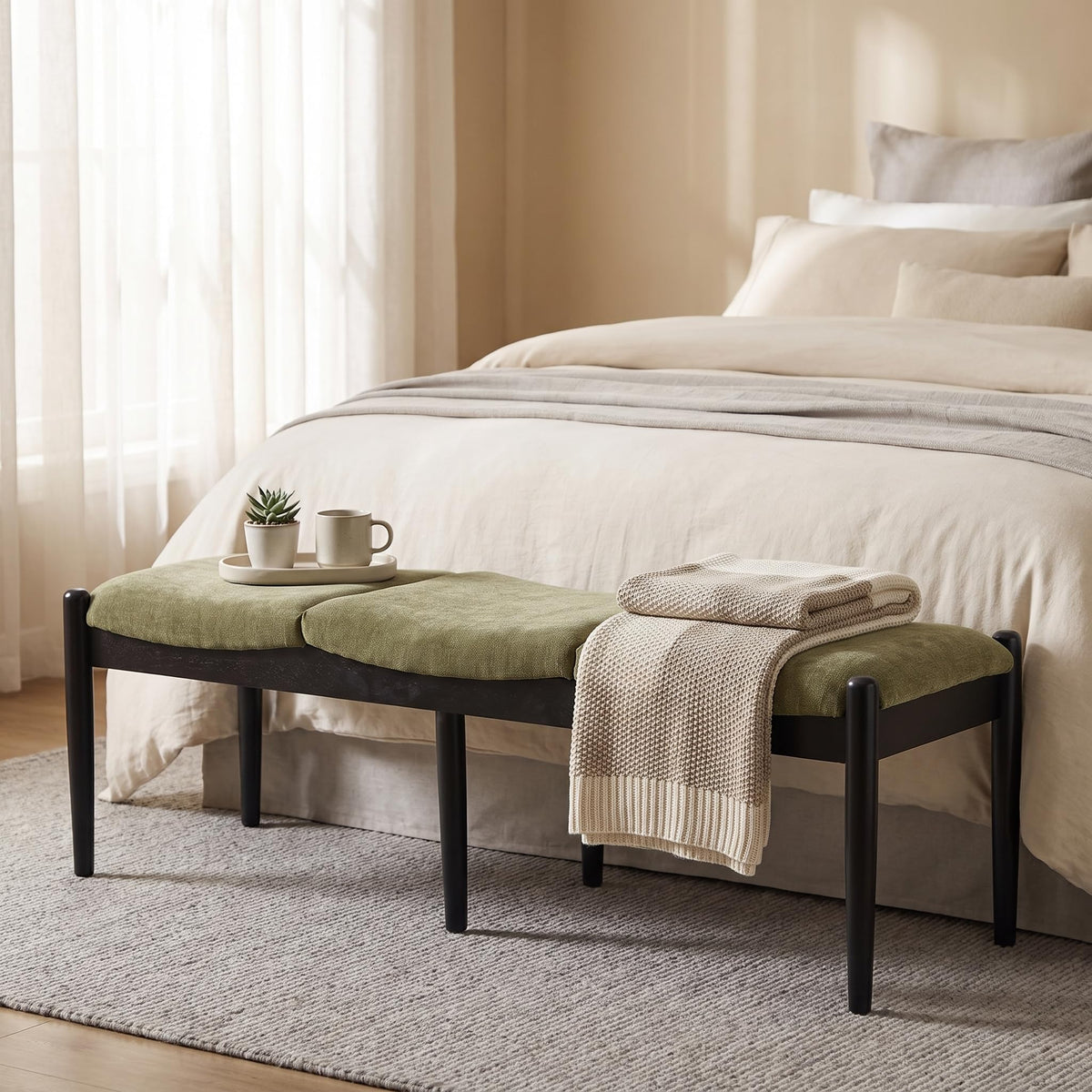 Green Chenille Upholstered Bench