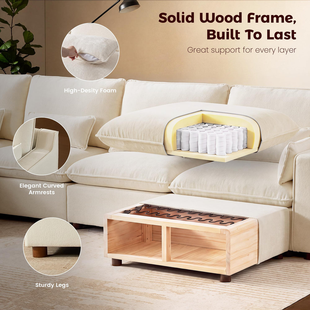 WorthFurni Modern Modular Sectional Sofa,105" V Shape Sectional Cloud Couch with Storage Ottoman,Comfty 6 Seat Sofa for Living Room,Beige Chenille