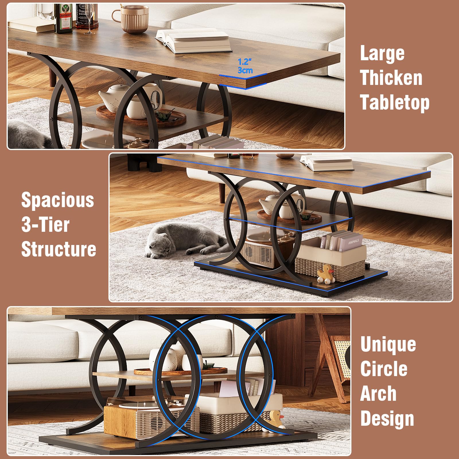 47" 3-Tier Rustic Coffee Table with Storage
