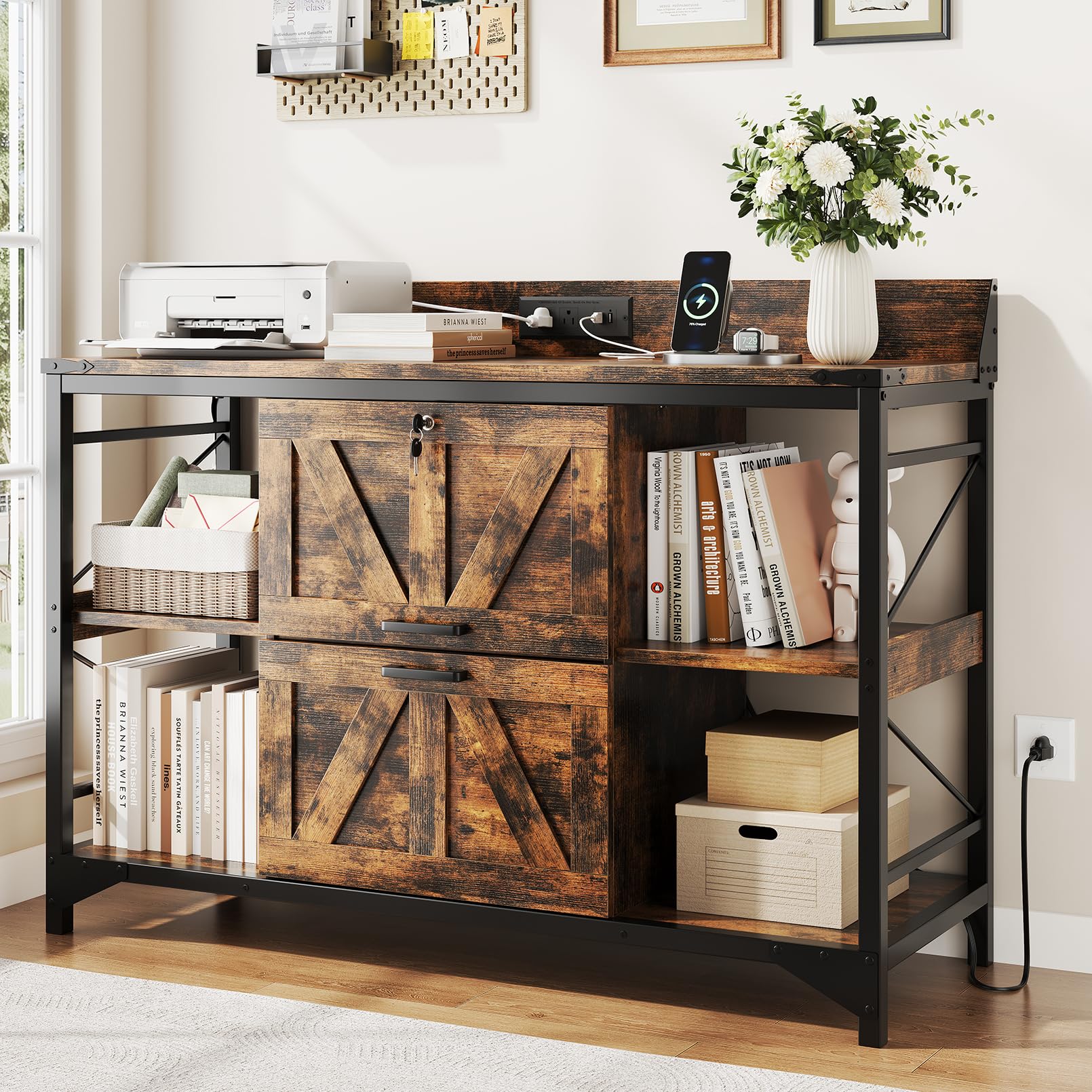 Lateral Filing Cabinet with Lock, Power Outlets & Storage Shelves