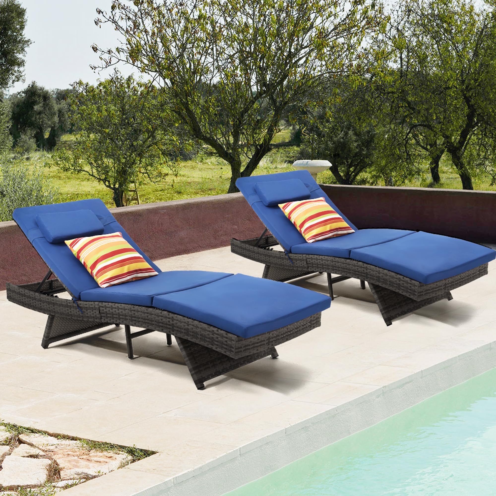 Wicker Patio Chaise Lounge Set with Cushions & Pillows