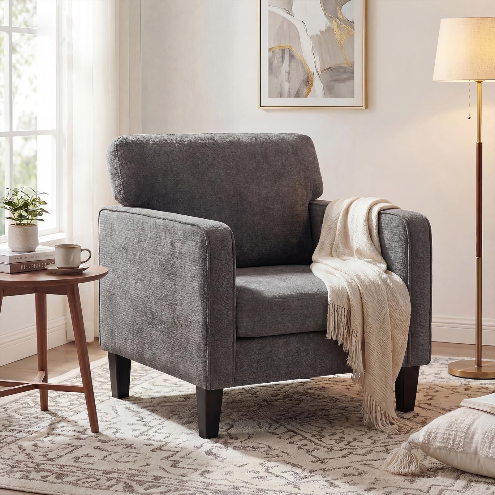 HAPPYMONT Modern Accent Chairs for Living Room, Corner Chairs for Adults, Reading Chair with Armrest and Backrest, Comfy Lounge Chairs for Bedroom Reception Waiting Room, Dark Grey 1 Pack