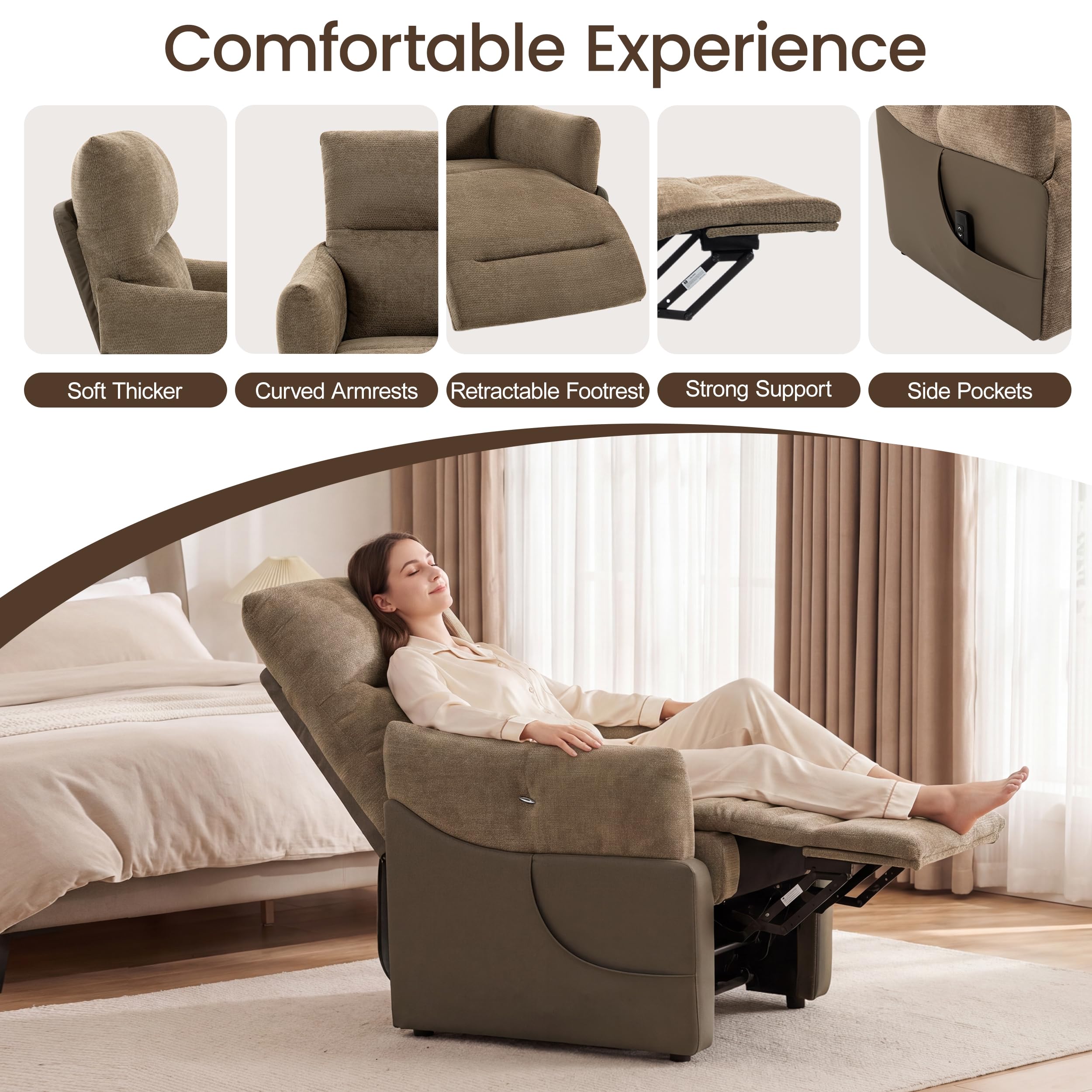 FiveWillowise Power Recliner Chair,90°-145°Recline Chair with Remote,Side Pocket,Soft Armrest&Headrest,Wide Seat,Sturdy Footrest for Living Room,Bedroom,Brown Chenille with Brown Faux Leather Side