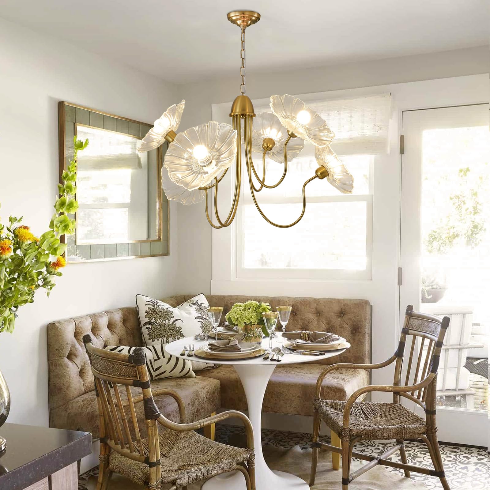 APLampara 33.4" Modern Floral Glass Chandelier, 6-Light Extra Large Ceiling Light Fixture with Clear Flower Shades, Brass Gold Accents for Living Room, Bedroom, Dining Room