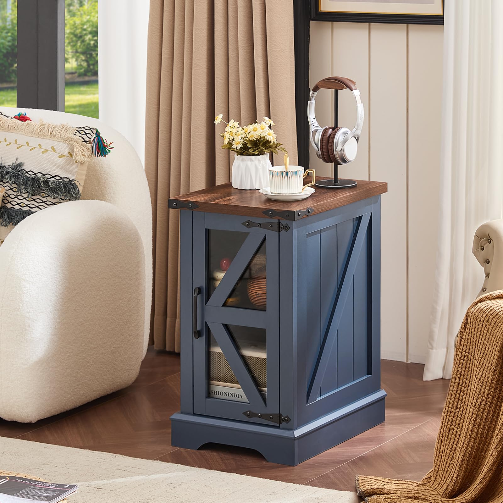 Joaxswe Farmhouse Coffee Table Set of 3, Narrow NightStands with Glass Barn Door Storage, Large Coffee Tables with Hidden Storage Organizer, Furniture Sets for Office, Living Room, Blue