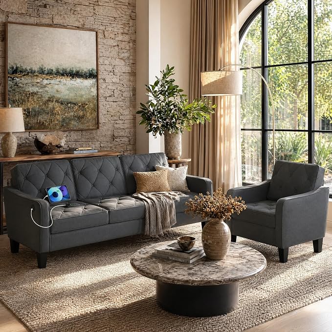3-Piece Dark Grey Tufted Sofa Set