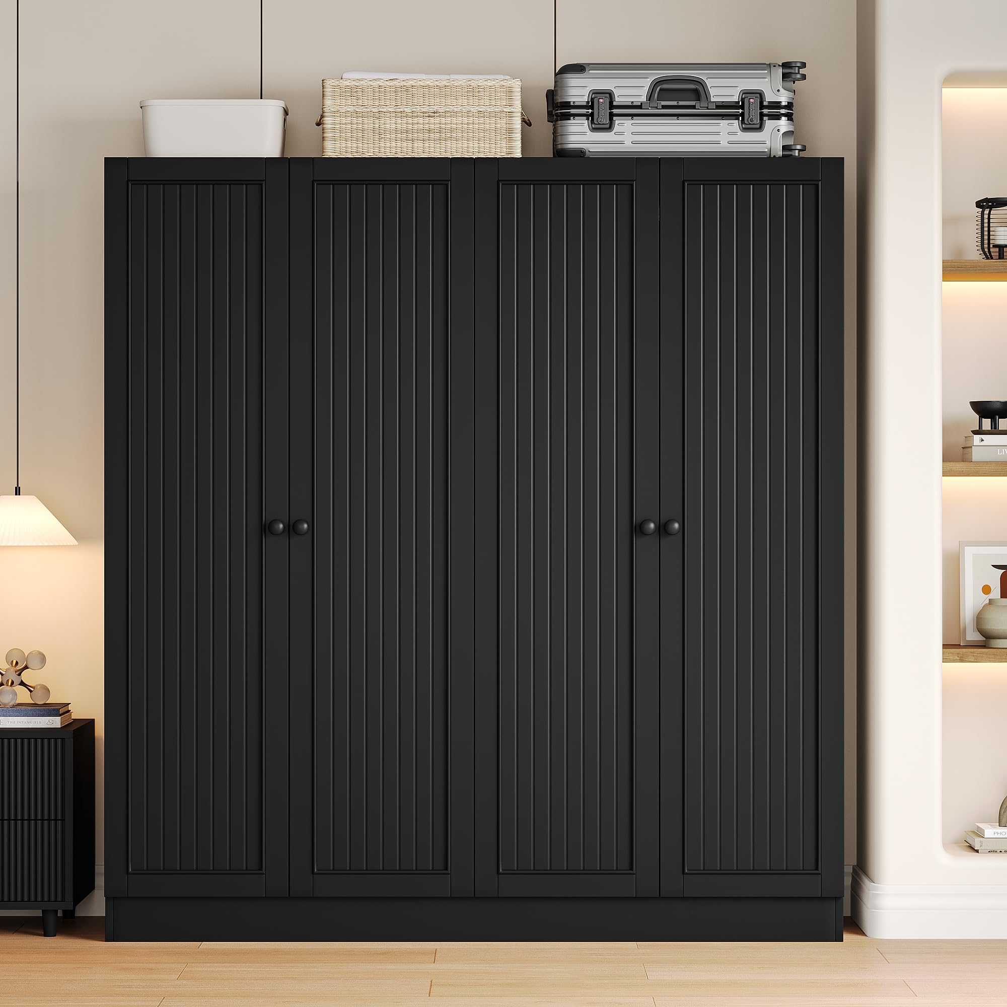 iPormis 4 Doors Armoire Wardrobe Closet with 2 Drawers, 63" Large Wardrobe Cabinet with Removable Hanging Rods and Adjustable Shelves, Closet Storage Cabinet for Bedroom, Cloak Room, Black
