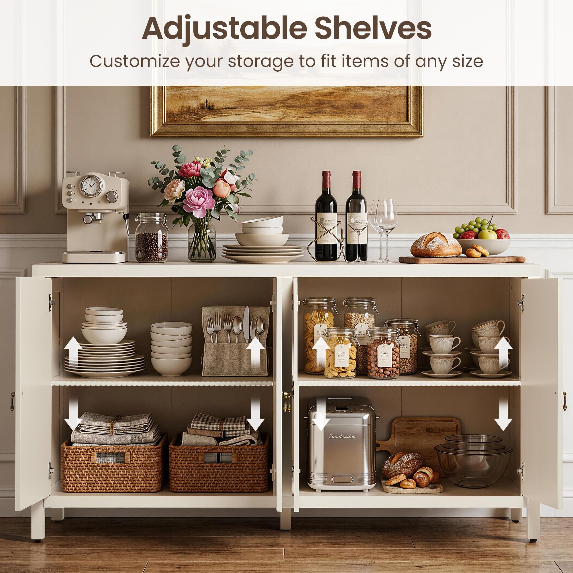 RoyalCraft Buffet Cabinet with Storage, 60" W Modern Coffee Bar Sideboard with 4 Doors & Adjustable Shelves, Painted Wooden Credenza for Dining Room, Kitchen, Living Room, Beige