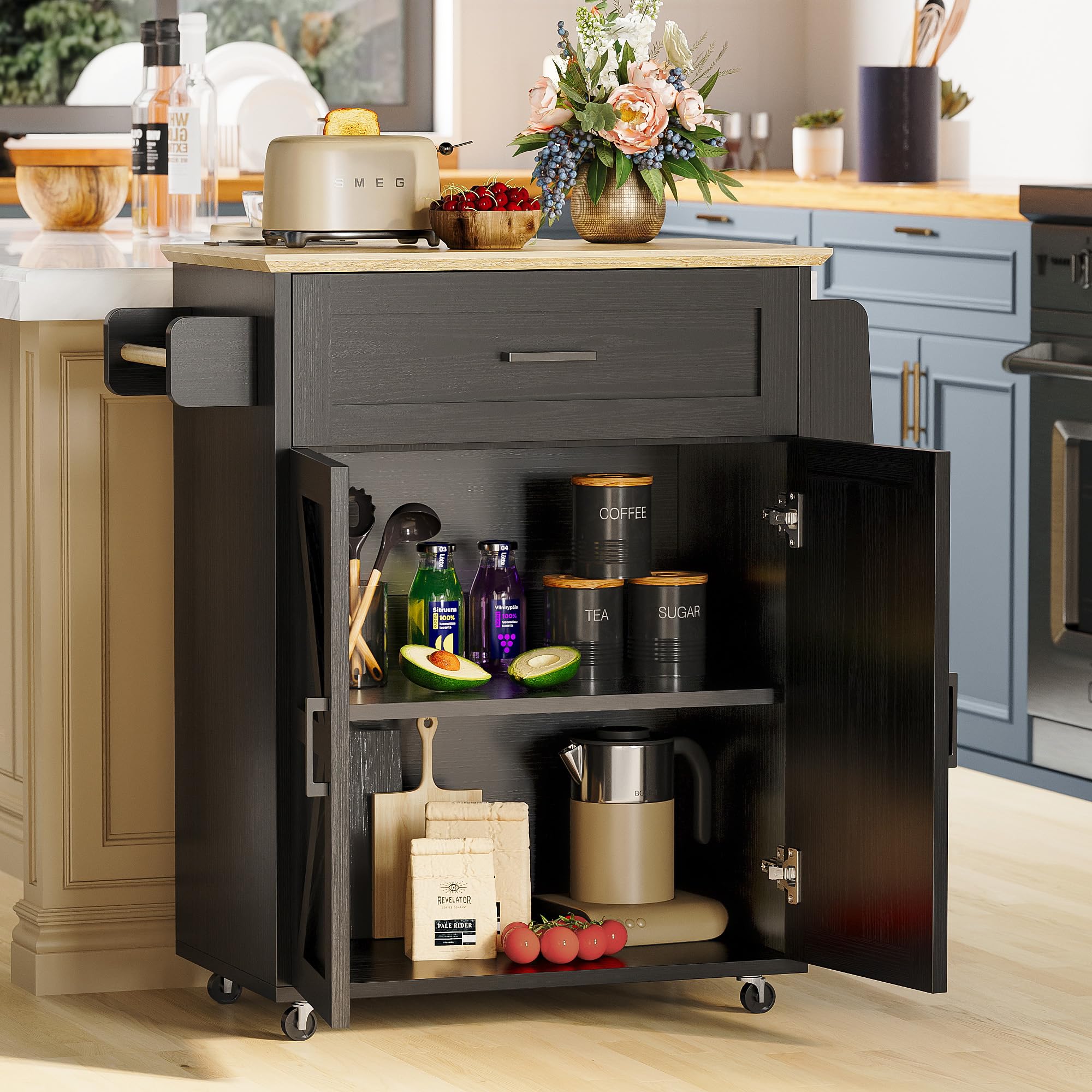 Kitchen Island Cart with Storage & Power Outlet