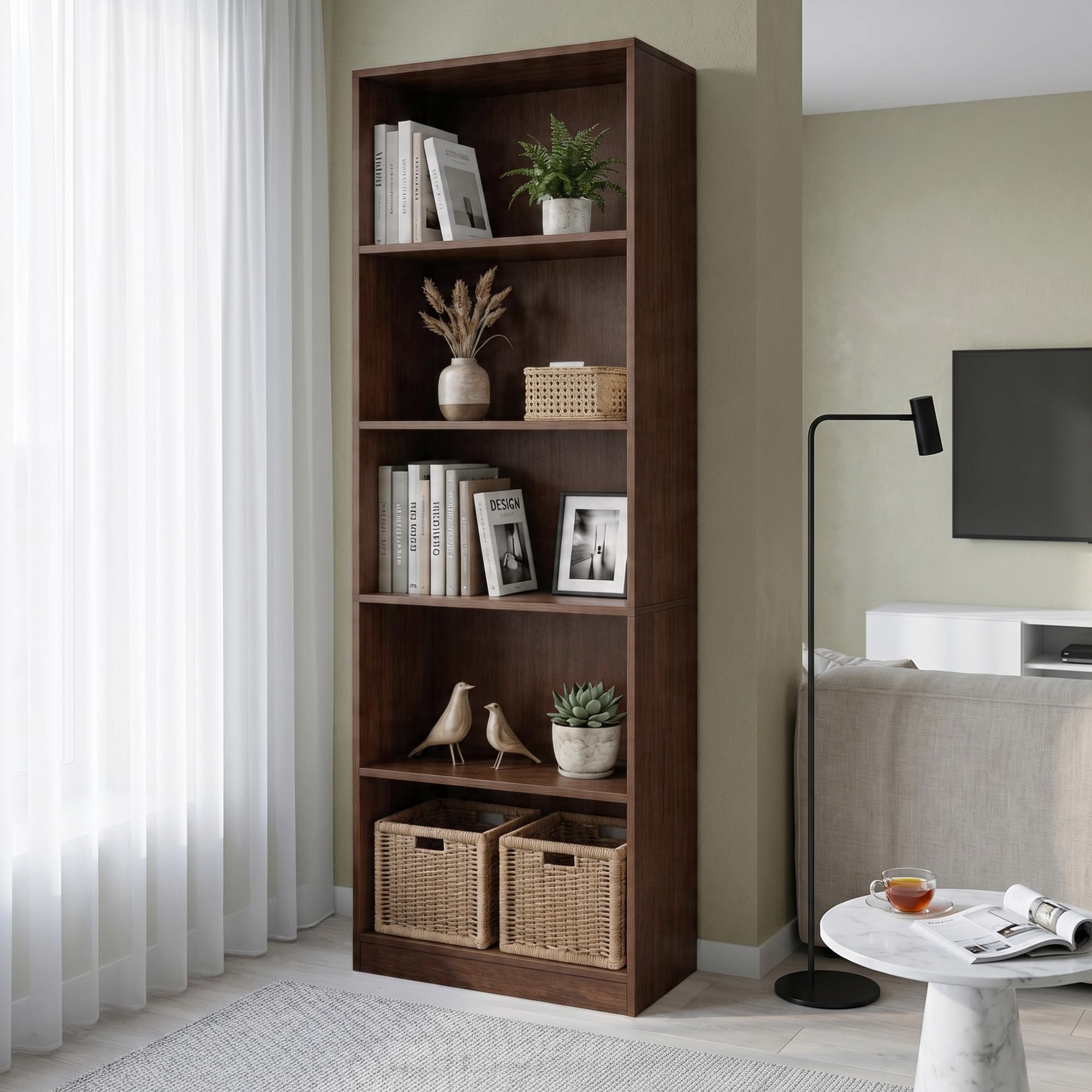 Nestwise 5 Tier Bookshelf, 71" Tall Bookcase Floor Standing, Large Wood Bookshelf with Anti-Tipping Device & Base, 5 Shelf Open Display Book Shelf for Living Room, Bedroom, Dining Room, Home Office