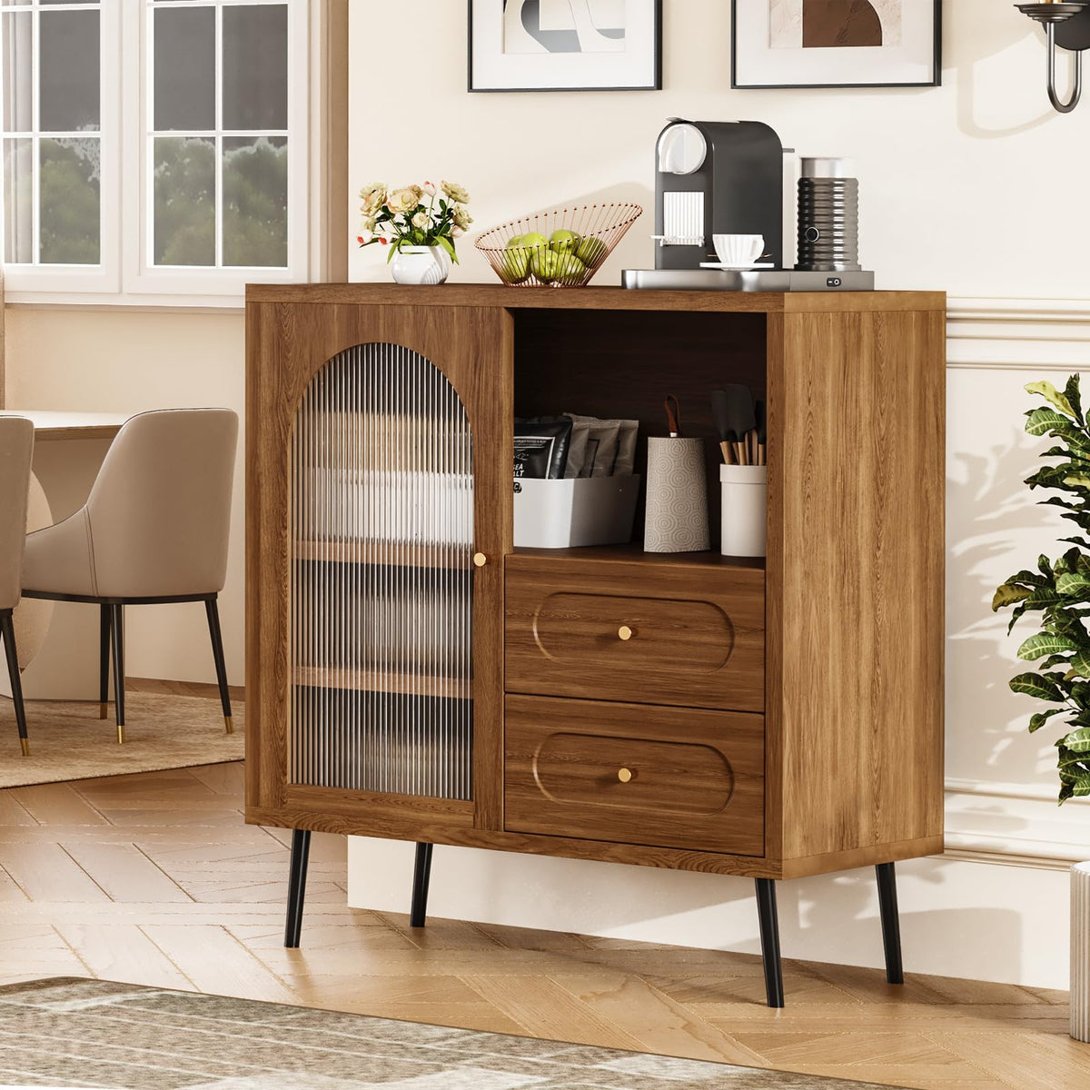 Regmuse Wood Sideboard Cabinet - Slim Buffet Cabinet with Storage & Drawers