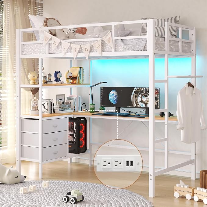 Metal Loft Bed with Desk & Storage