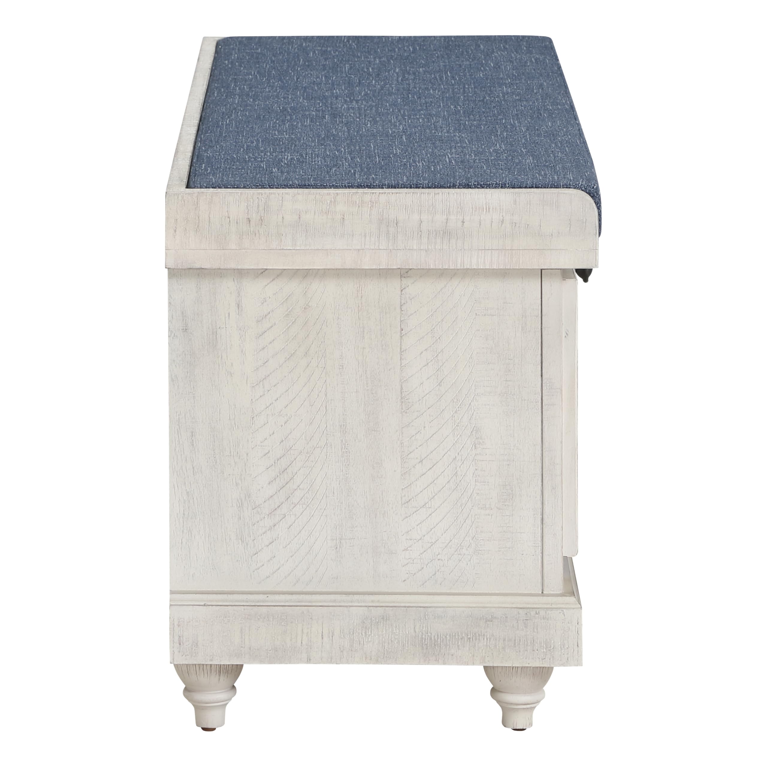 OSP Home Furnishings Dover Coastal Lift-Top Storage Bench with Shutter Face Styling, Distressed White Finish with Navy Fabric Cushion
