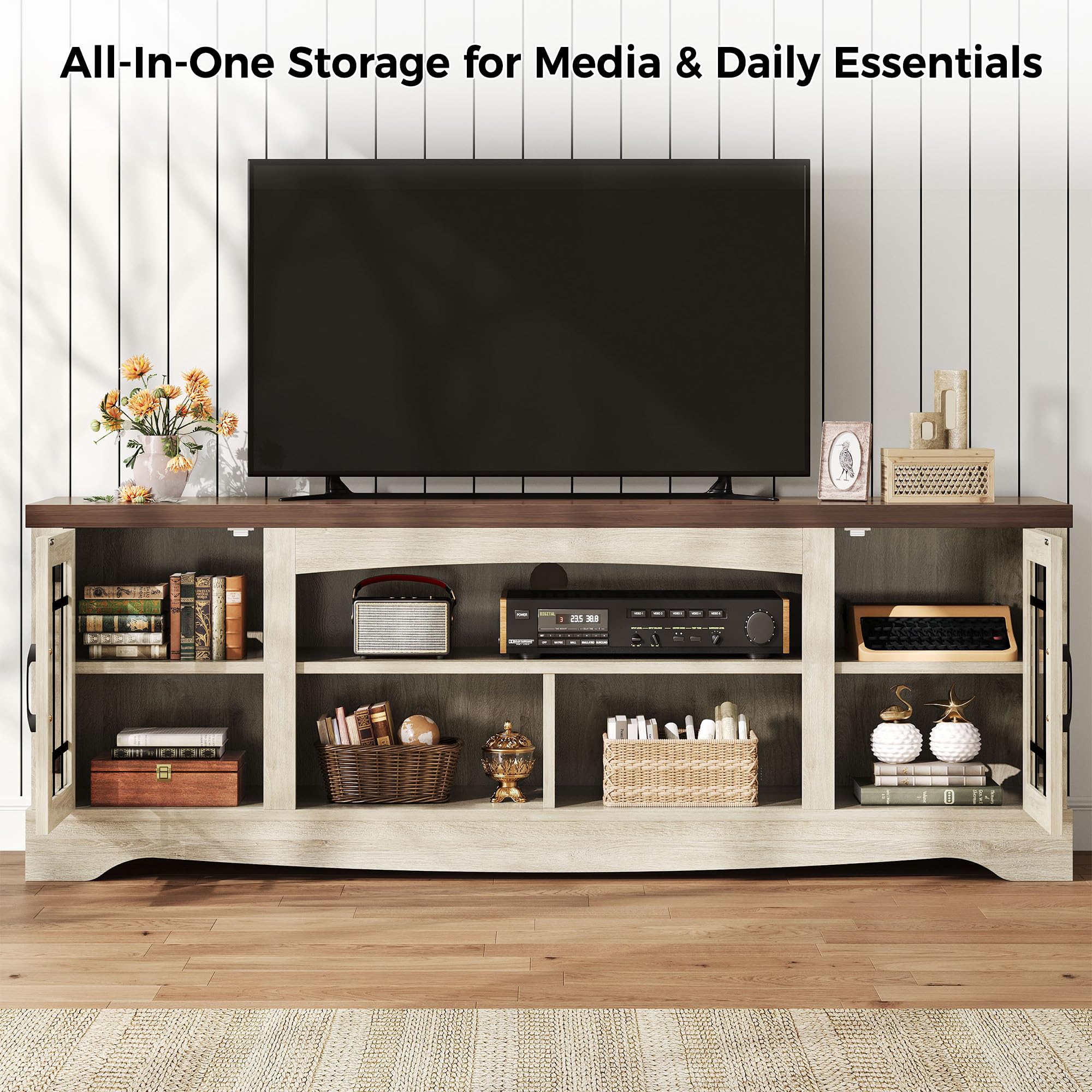 IRONCK Farmhouse TV Stand for 75 Inch TV, Rustic Entertainment Center with Storage Cabinets & Open Shelves, Grid Glass Doors, Media Console for Living Room, Bedroom(Light Oak & Walnut)