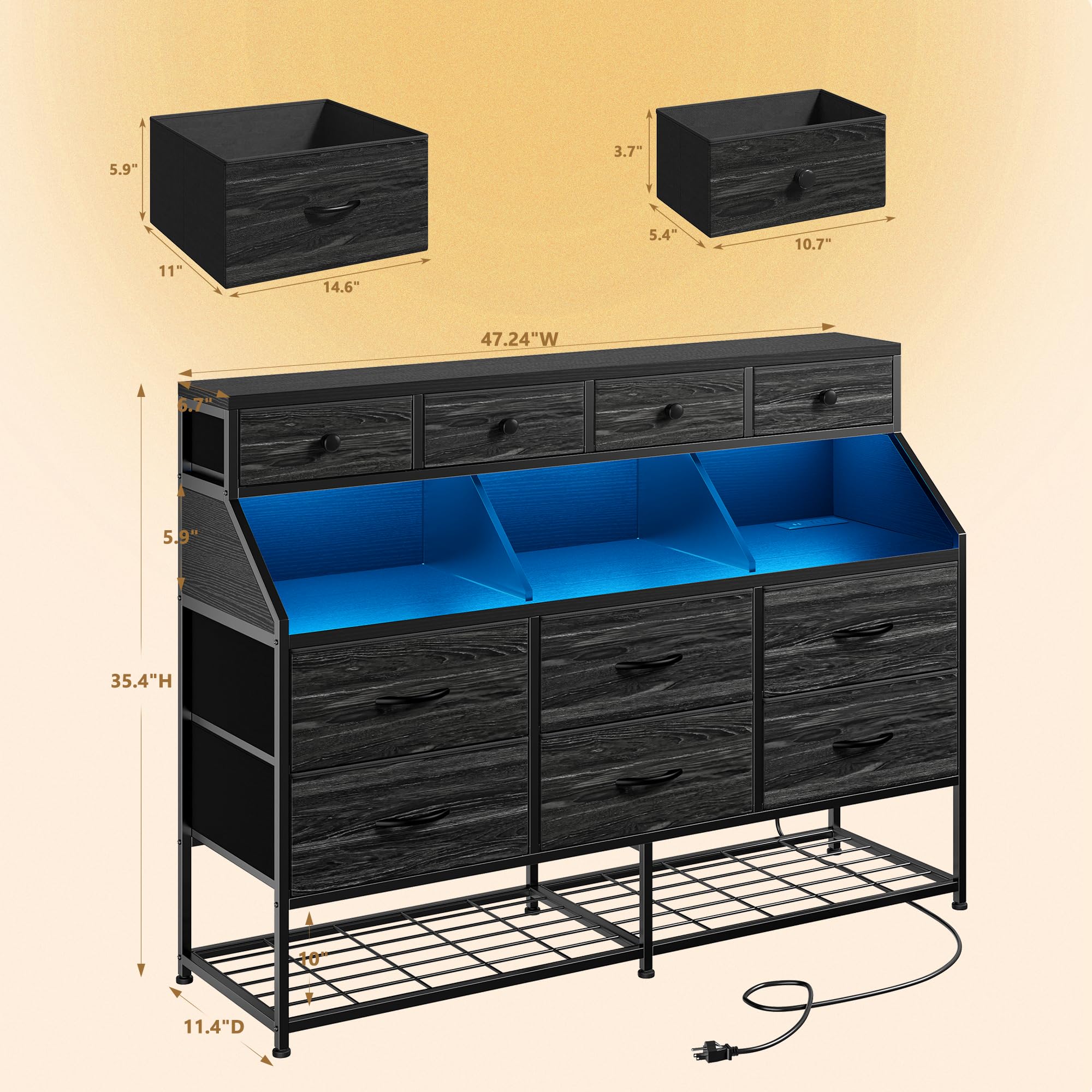 EnHomee Dresser for Bedroom with 10 Drawers & Shoe Rack Fabric Dressers & Chests of Drawers with LED Lights and Power Outlets Bedroom Dresser for Entryway, Hallway(Charcoal Black)