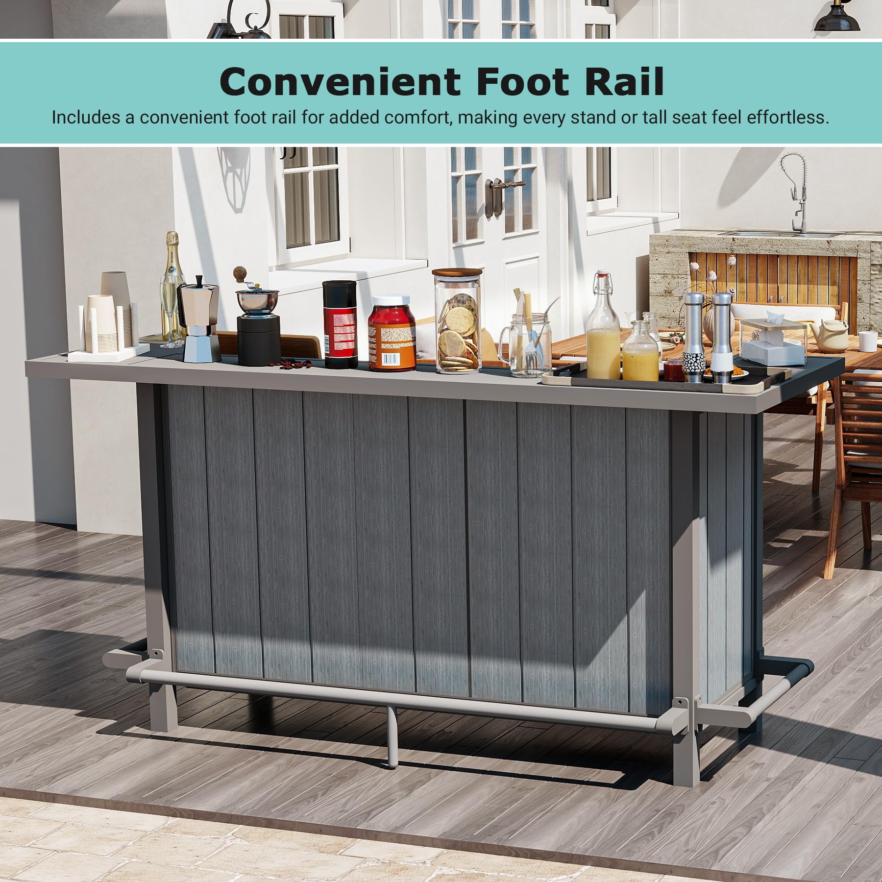 Domi Outdoor Bar Table, Home Bar Unit with Aluminum Frame, Patio Bar Table with Storage Cabinet & Footrest, Liquor Cabinet Bar for Patio Backyard Home Kitchen, Gray, 75.98" x 28.94"