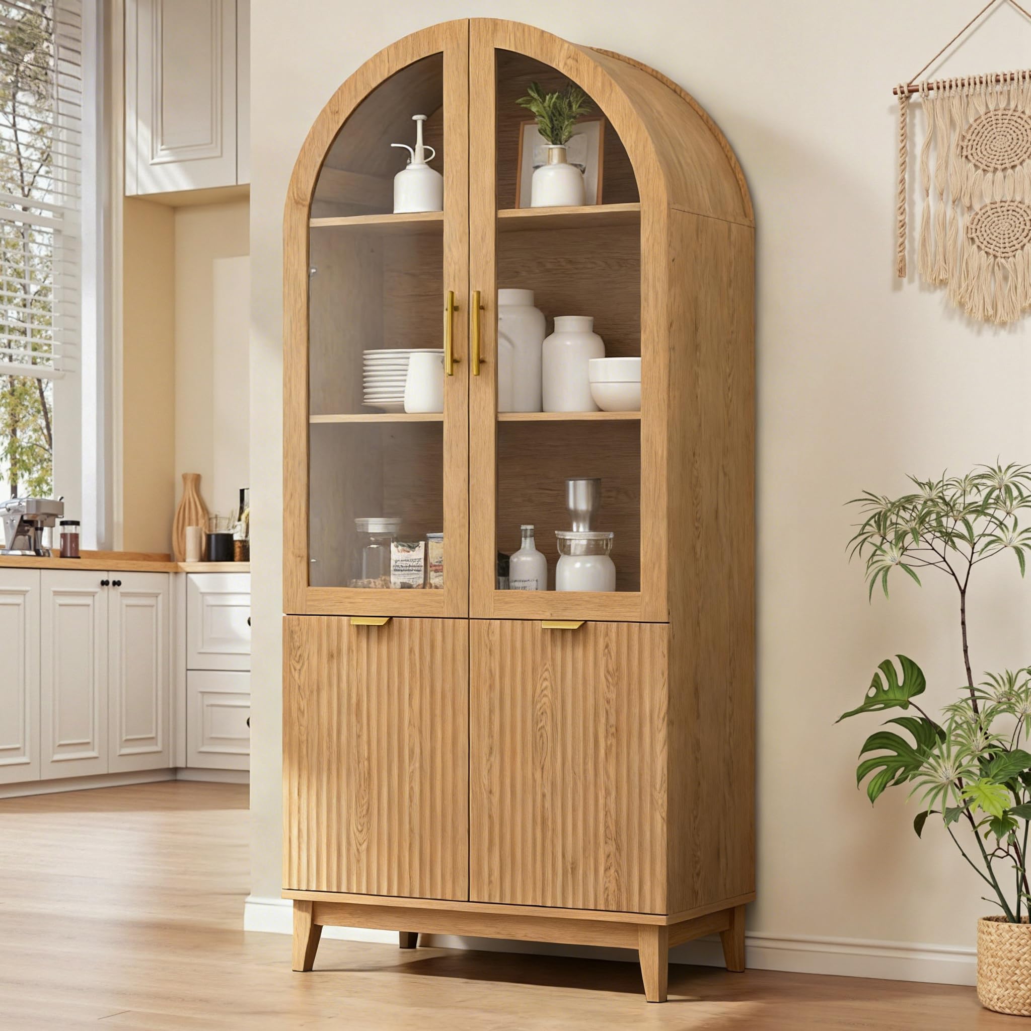 Arched Glass Door Pantry Cabinet with Fluted Detail