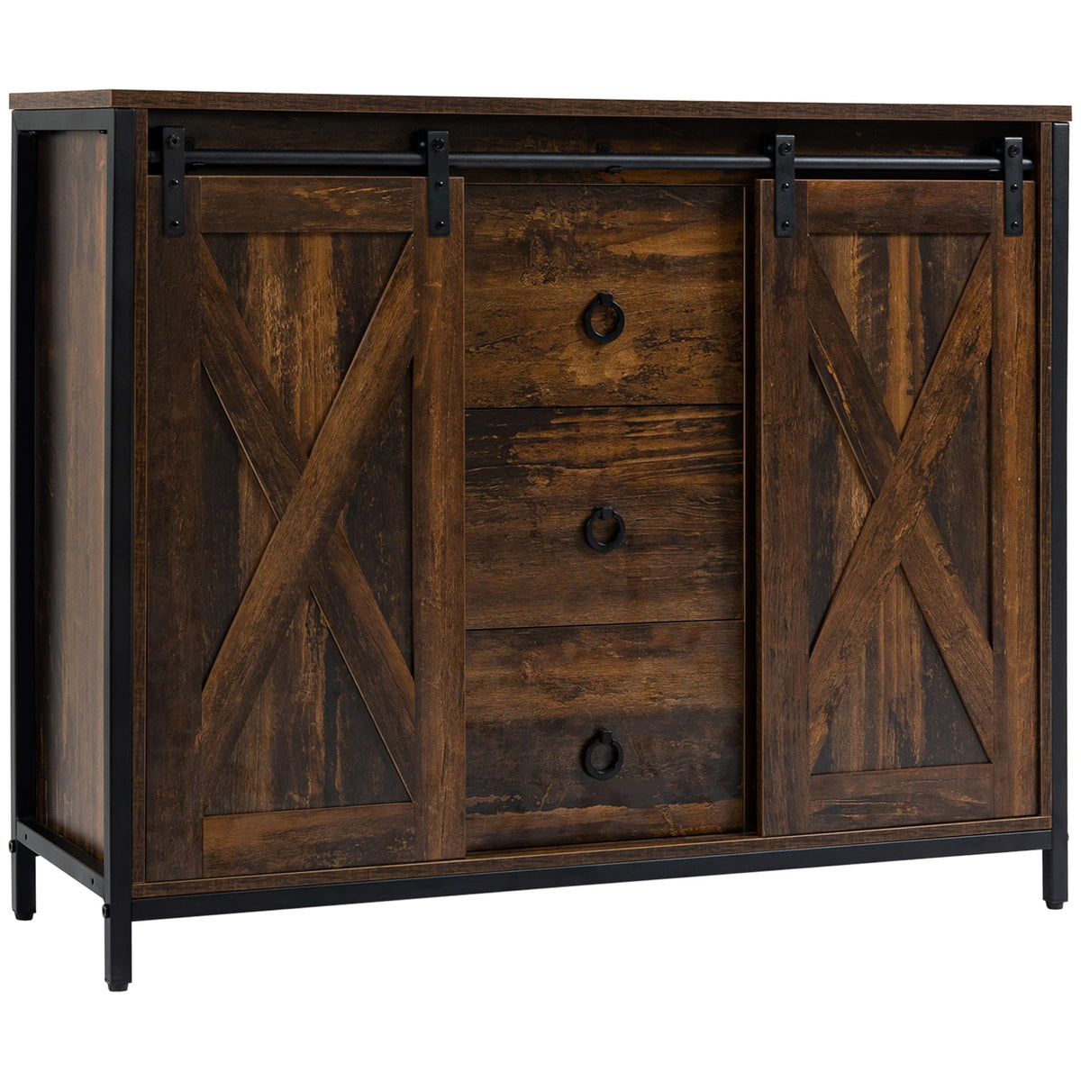 HOMCOM Industrial Farmhouse Buffet Cabinet, Kitchen Sideboard with Sliding Barn Doors, Three Drawers and Adjustable Shelves for Living Room, Rustic Brown
