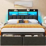 Furnulem Queen Size Bed Frame with Headboard, Drawers, Charging Station
