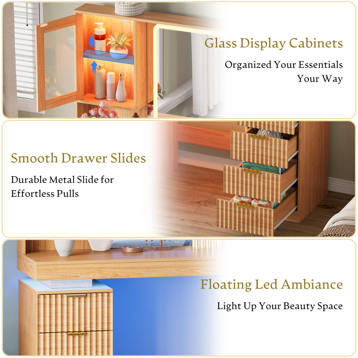 BOXACTION 45" Floating Vanity Desk with RGB Lighting & Led Mirror, Oak