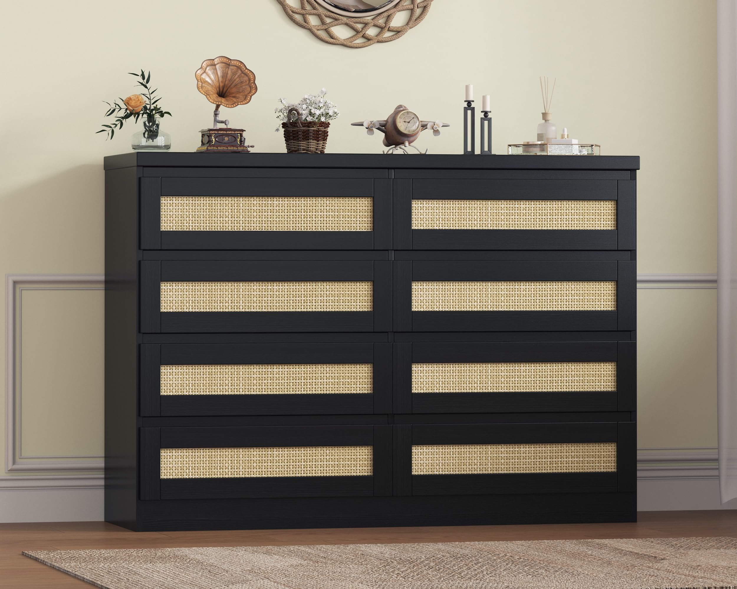 MilleLoom 47 Inch Rattan 8 Drawer Dresser, Modern Farmhouse Chest of Drawers, Tv Stand Dresser Accent Furniture for Living Room, Bedroom, Entryway