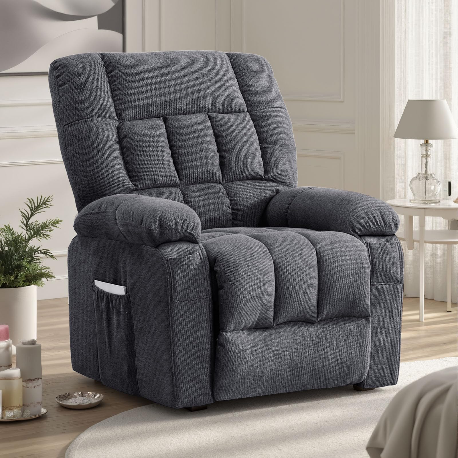 Sweetcrispy Power Lift Recliner Chair with Vibration Massage and Heat for Elderly, Ergonomic Overstuffed Breathable Fabric Reclining Chair with 3 Pockets, Remote Control, Living Room, Light Brown