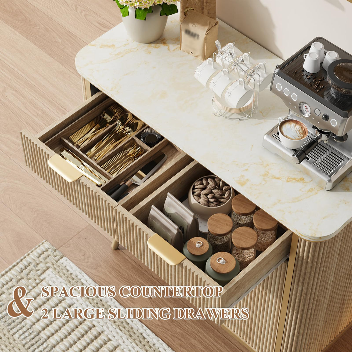 35" Modern Sideboard Buffet with Storage, Kitchen Storage Cabinet with Adjustable Shelves & 2 Drawers, Accent Fluted Coffee Bar Cabinet with door for Kitchen, Dining Room, Living Room, Nature Oak