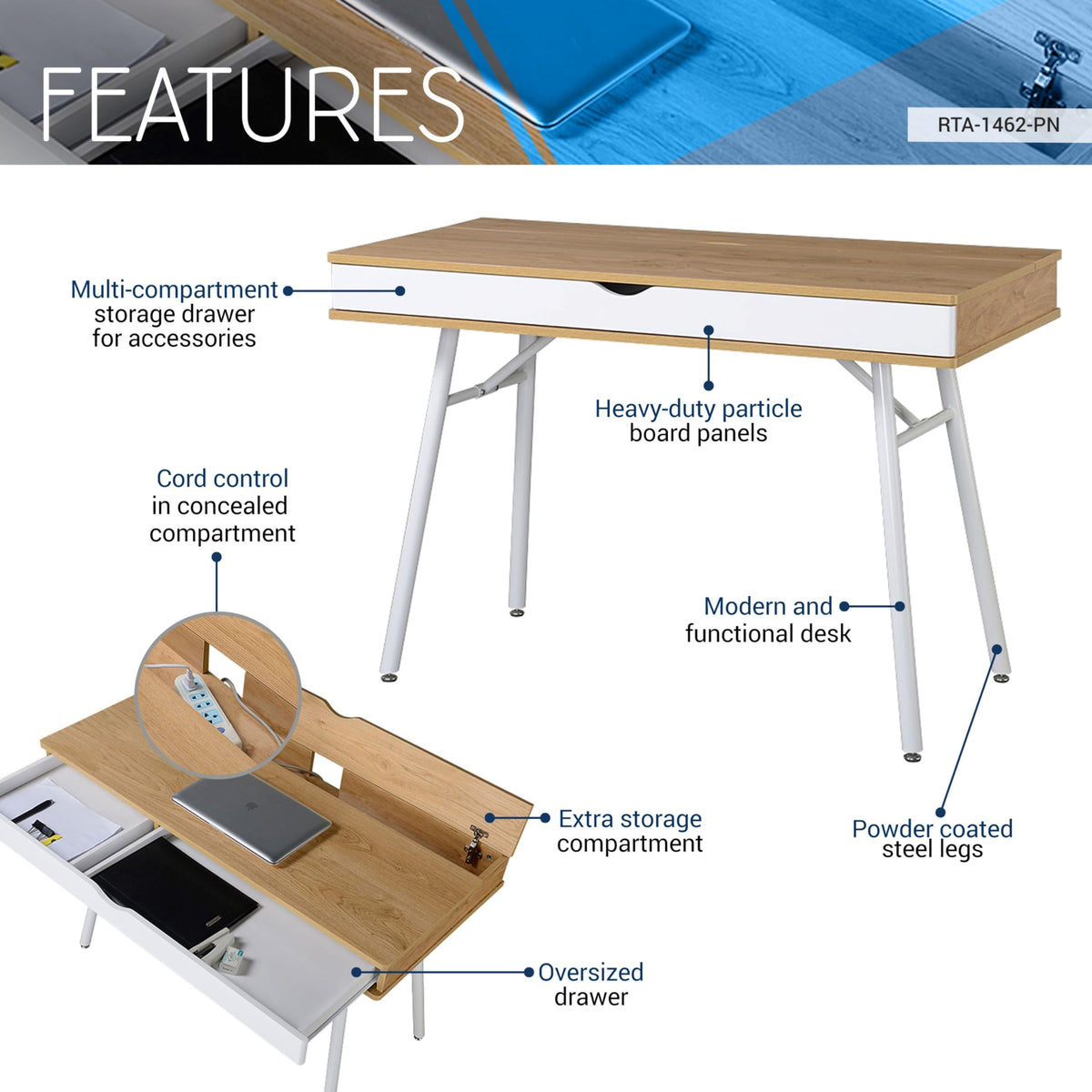 Techni Mobili 46”W Writing Desk w/ Large Drawer & Hidden Cord Management