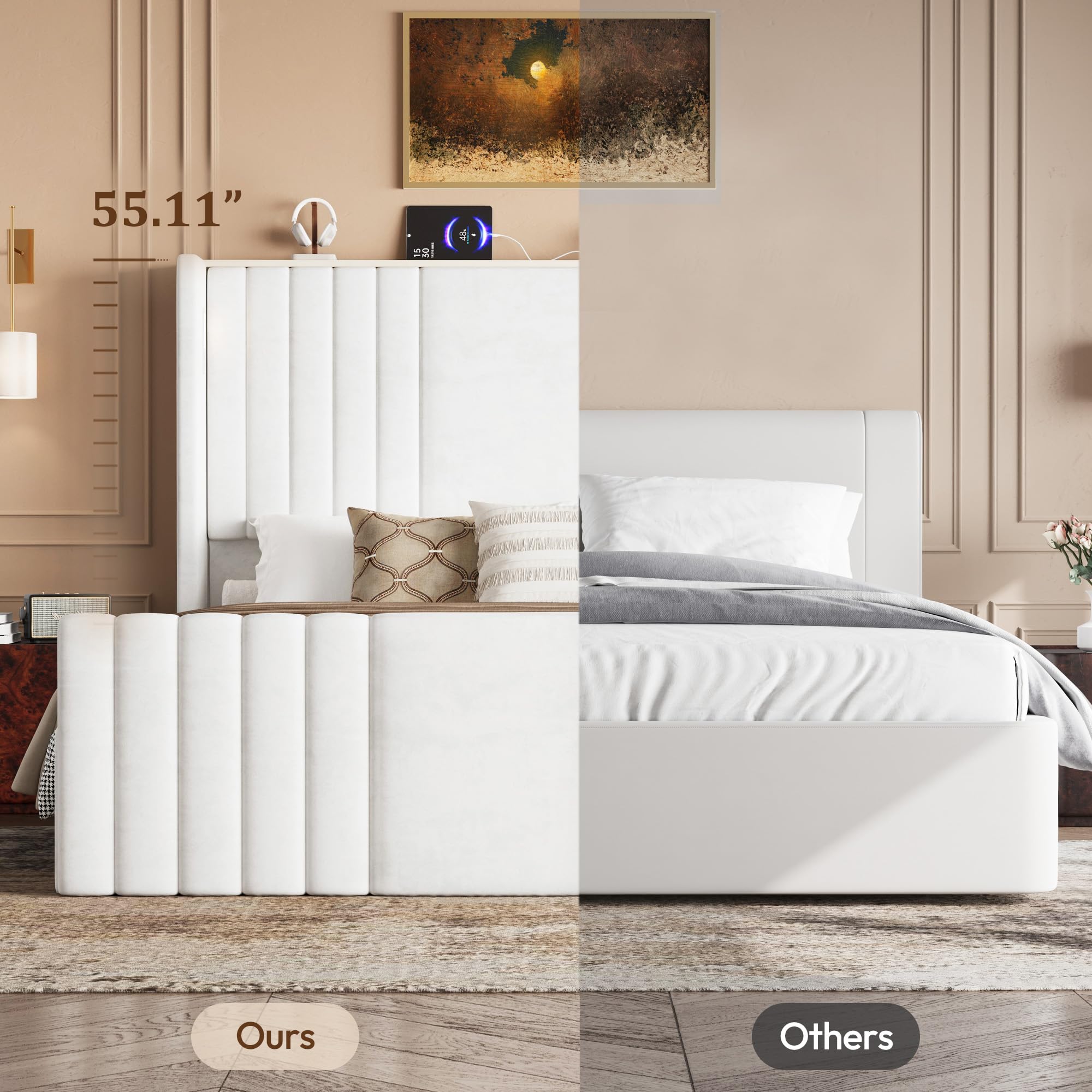 Velvet Wingback Platform Bed Frame with LED Reading Lights
