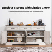 TRONLEE 66" Large Sideboard Buffet Cabinet with Storage, Farmhouse Buffet Table Coffee Bar Wine Bar Kitchen Storage Cabinet with Drawers for Dining Room, Living Room, White & Walnut