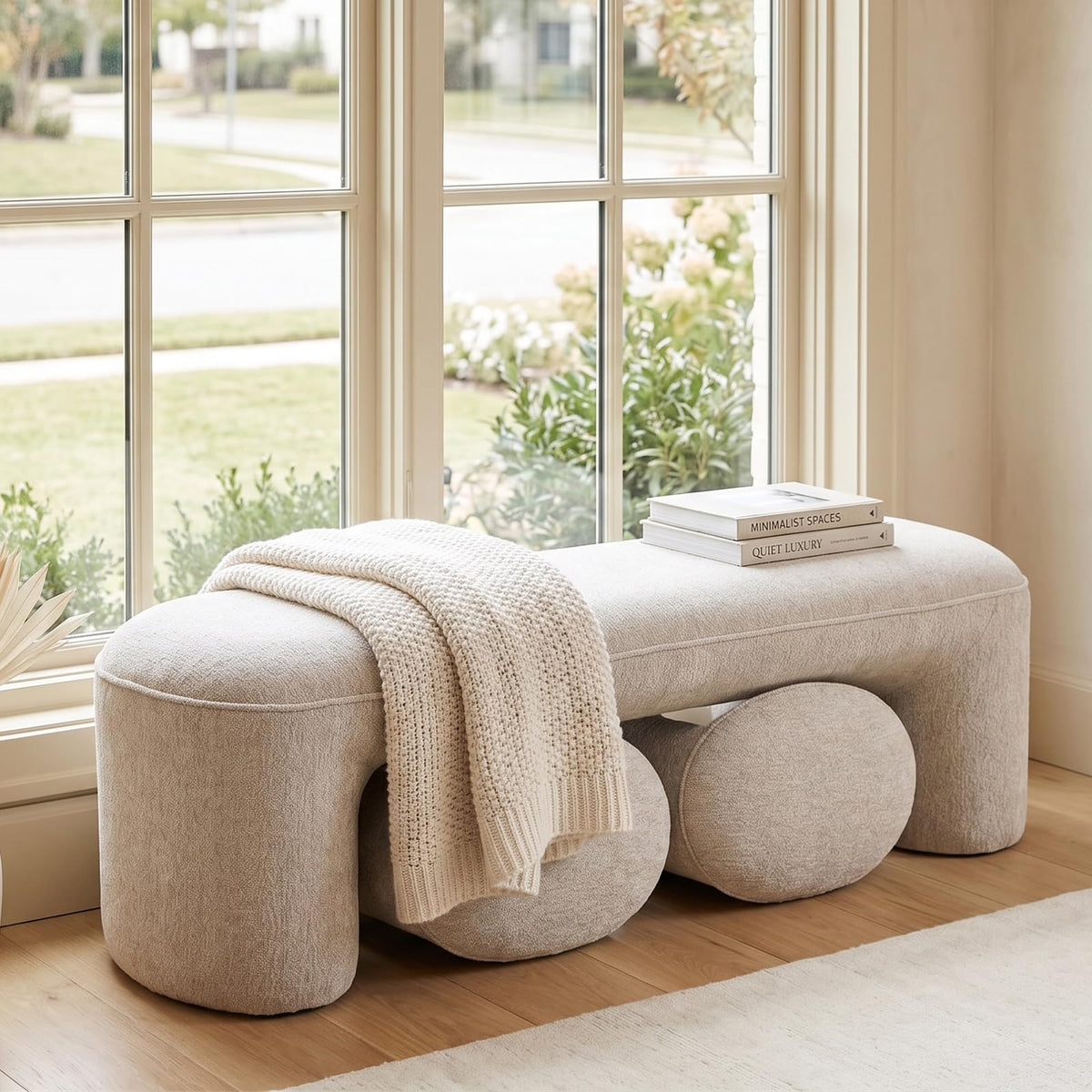 Chenille Bench with Nesting Ottomans