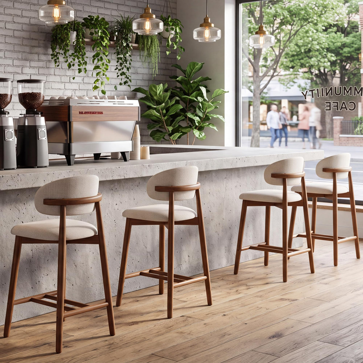 Sinxkaan Bar Stools with Solid‑Wood Frame, for Kitchen & Dining Room (4, Walnut Finish)