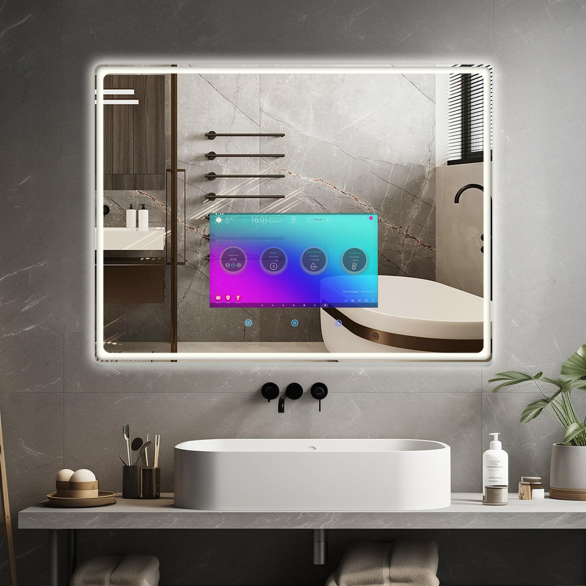 YOURYOKE 32×24 Inch Smart Vanity Bathroom Mirror with 15.6" Waterproof Touchscreen TV, Android OS, WiFi/Bluetooth/HDMI, Anti-Fog, 3-Color LED Lights for Bathroom,Bedroom,Hotel&Spa Wall Mounted