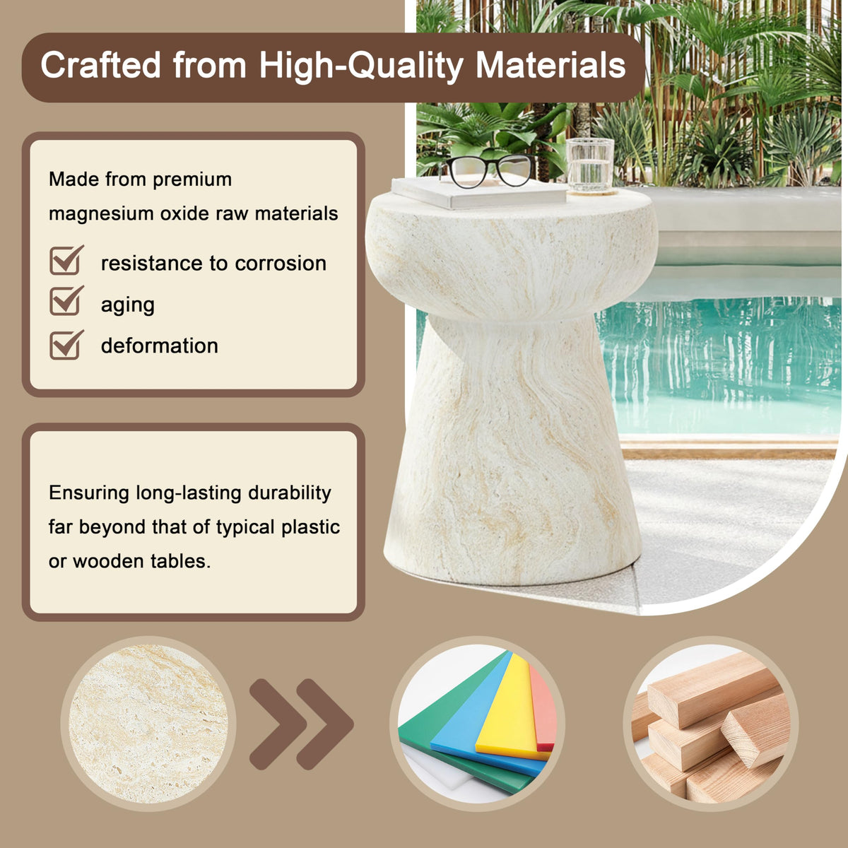 Merax Mushroom Outdoor Side Table, MGO Concrete End Table with Travertine Texture, Modern Pedestal Accent Table for Patio, Garden, Balcony, Indoor Outdoor Coffee Table, Beige + Yellow