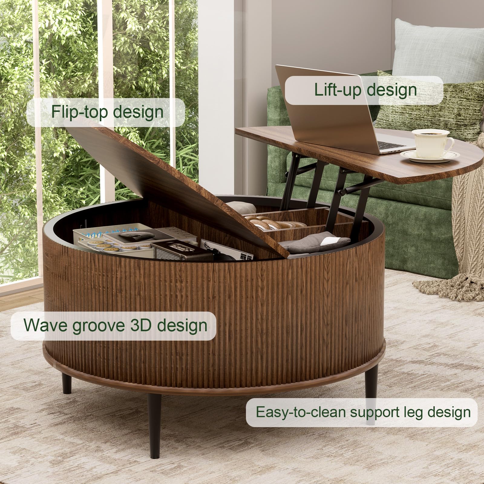 Yechen 31.5" Round Coffee Table with Storage,Fluted Lift Top Center Table, Midcentury Modern Flip-top Curved Table for Living Room,Walnut