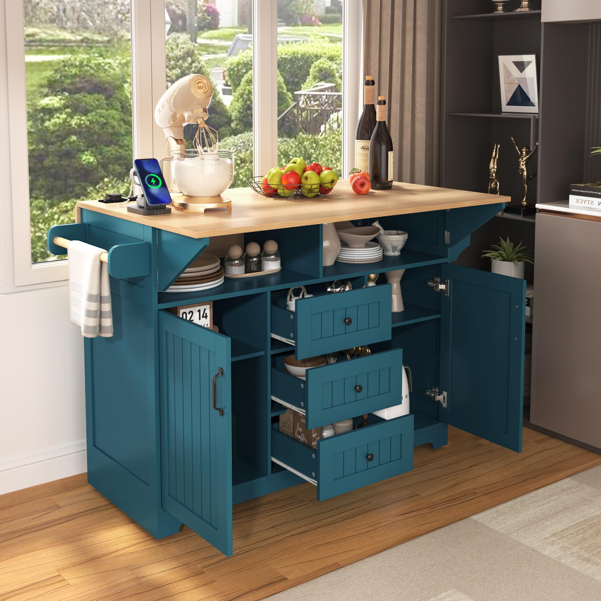 Kitchen Island Cart with Drop Leaf & Power Outlets