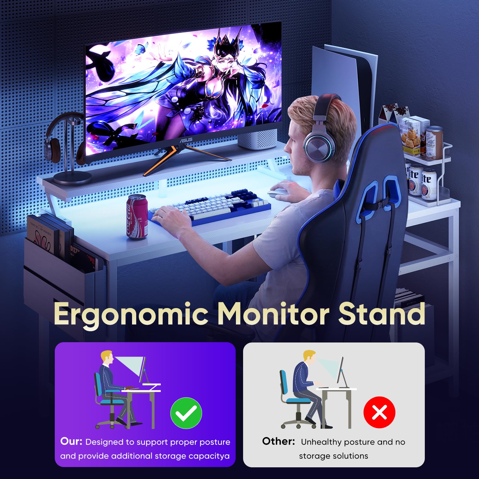 L-Shaped Gaming Desk with LED Lights & USB Charging