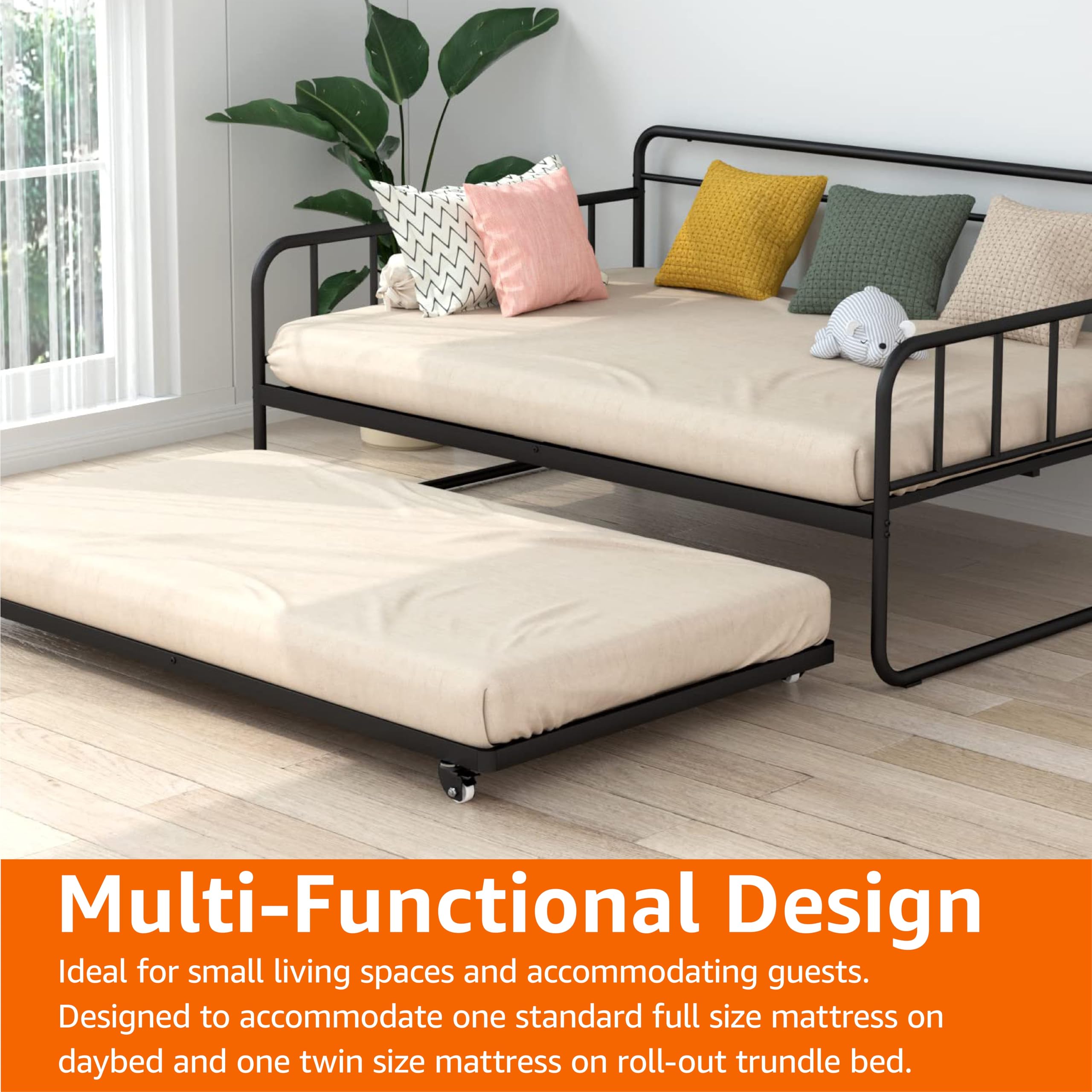 Amazon Basics Full Size Daybed and Twin Size Trundle Bed Frame Set, Space Saving Steel Slat Support, Sturdy Metal Design, Easy Assembly, Black