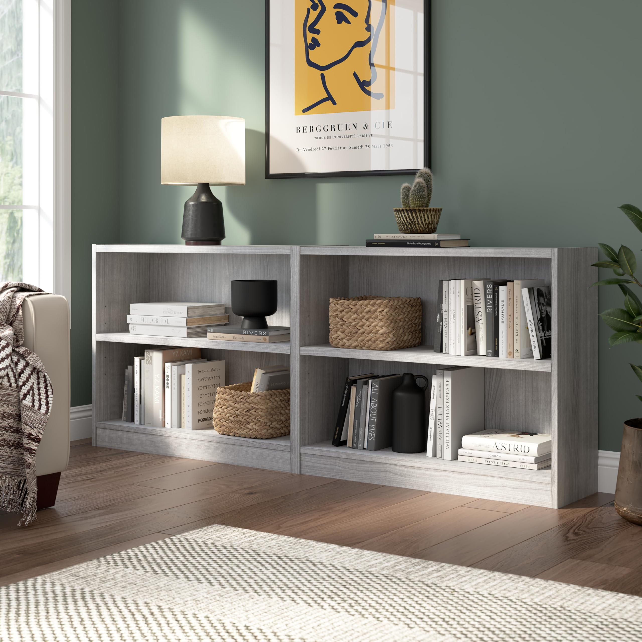 Bush Home Small 2 Shelf Bookcase, 2 Tier Bookshelf Storage Cabinet with Adjustable Shelf for Living Room, Bedroom or Home Office, Universal Collection, Platinum Gray