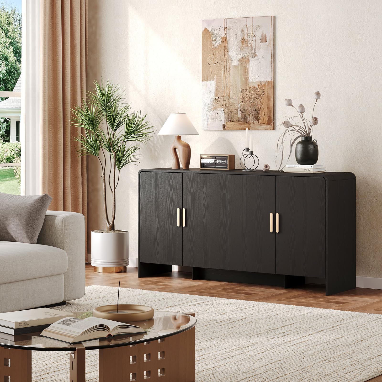 60" Sideboard Buffet Cabinet, Large Curved Design Storage Cabinet with 4 Doors & 2 Adjustable Shelves, Sturdy Build, Easy Assembly, Bar Console Fit for Dining Room/Living Room/Kitchen, Black