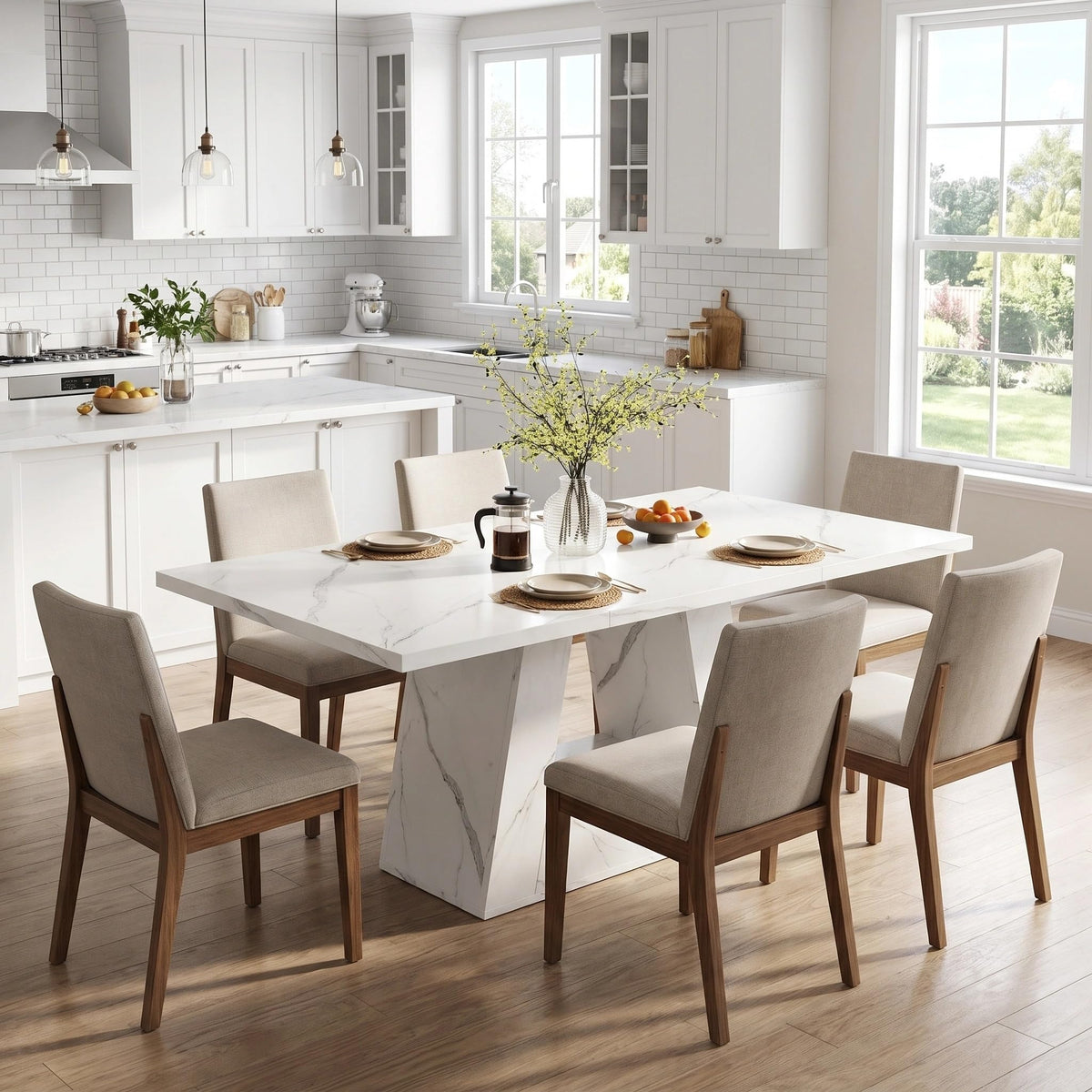 LITTLE TREE 63" Modern Faux Marble Dining Table for 6, Rectangle, White
