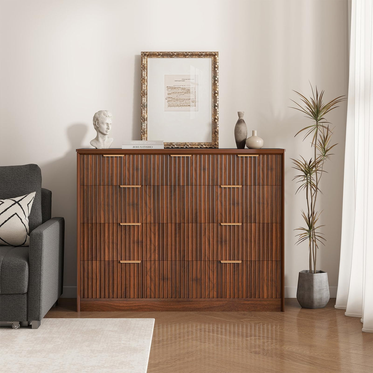 LYNCOHOME Fluted Tall Dresser for Bedroom, 9 Drawer Chest of Drawers,Walnut