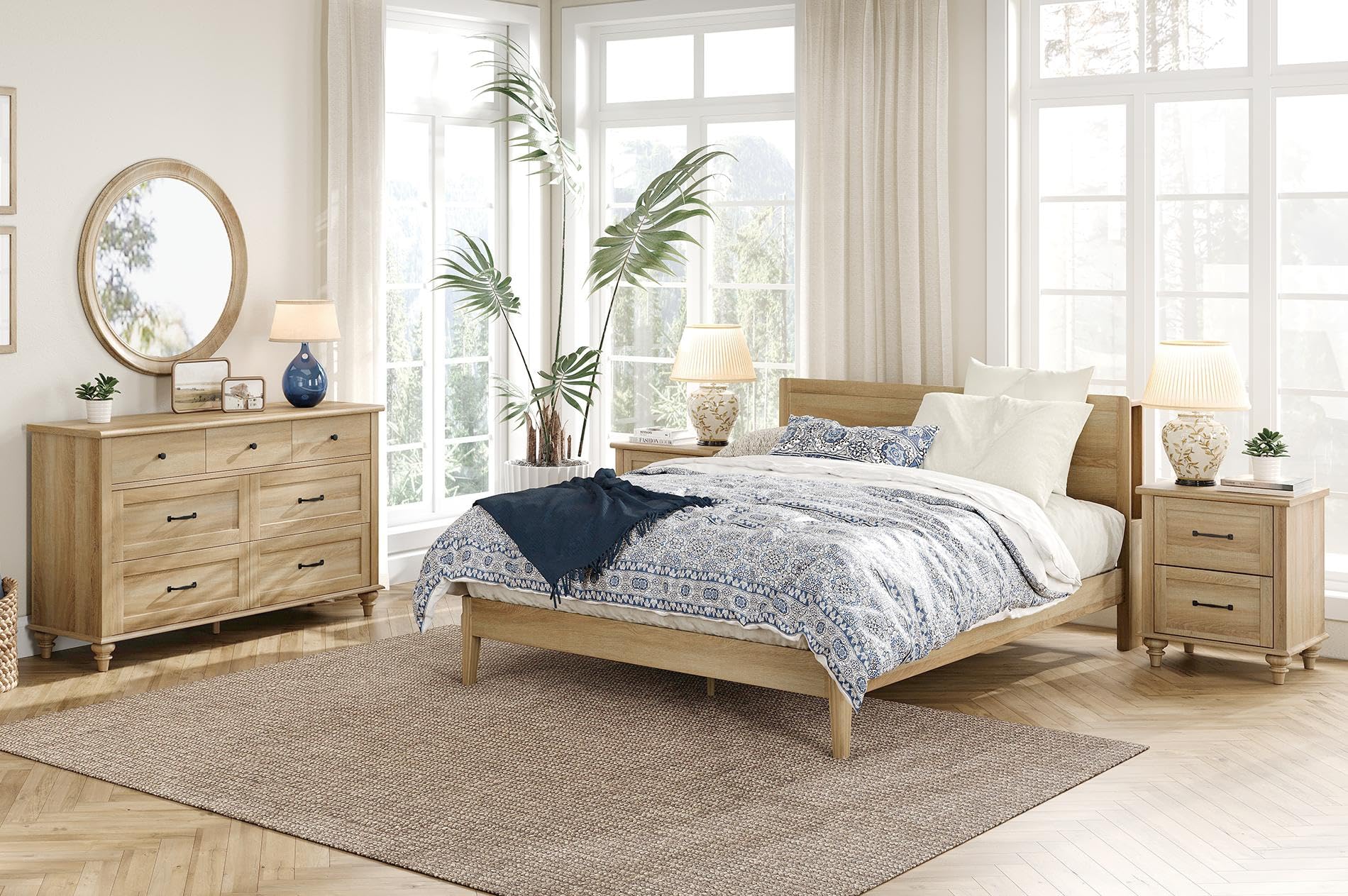 3-Piece Bedroom Set with 7-Drawer Dresser & Nightstands with Charging Station – Oak