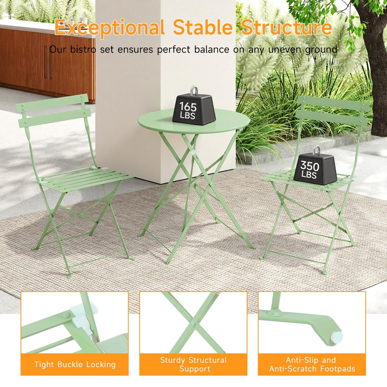Bistro Table and Chairs set of 2, 3 Piece Folding Outdoor Patio Bistro Set with Comfortable Cushions, Weather-Resistant Stable Small Patio Furniture Set for Backyard Balcony Porch Coffee Shop, Green