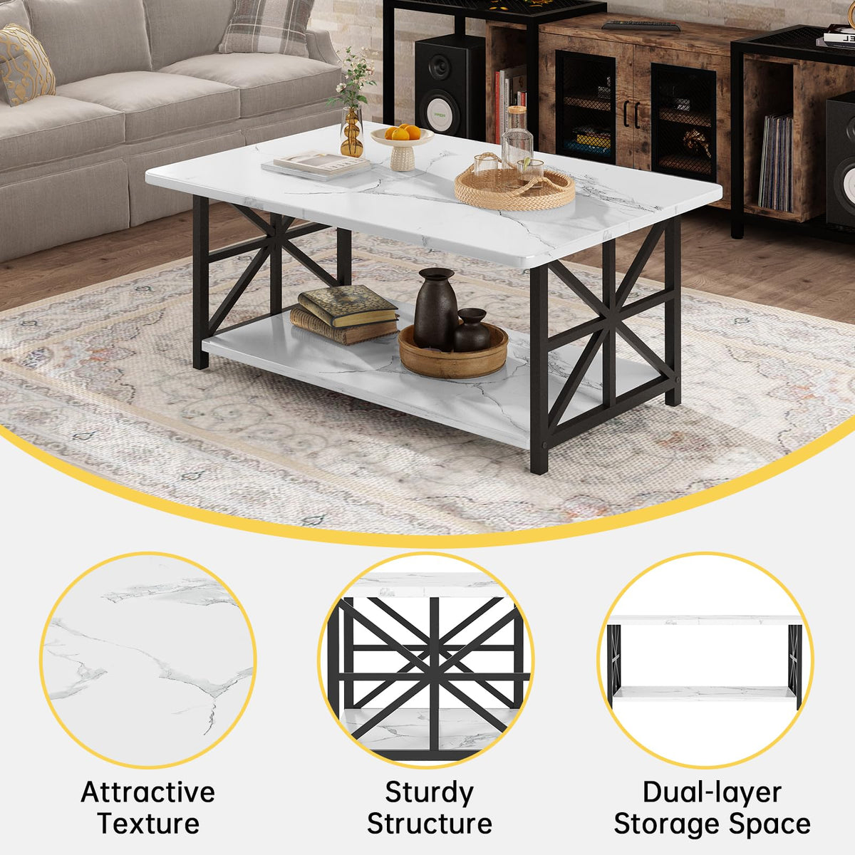 AWQM Faux Marble Coffee Table for Living Room with Round Corners,2 Tier Living Room Table with Storage Shelf,Rectangular Coffee Table Center Table for Small Spaces,White