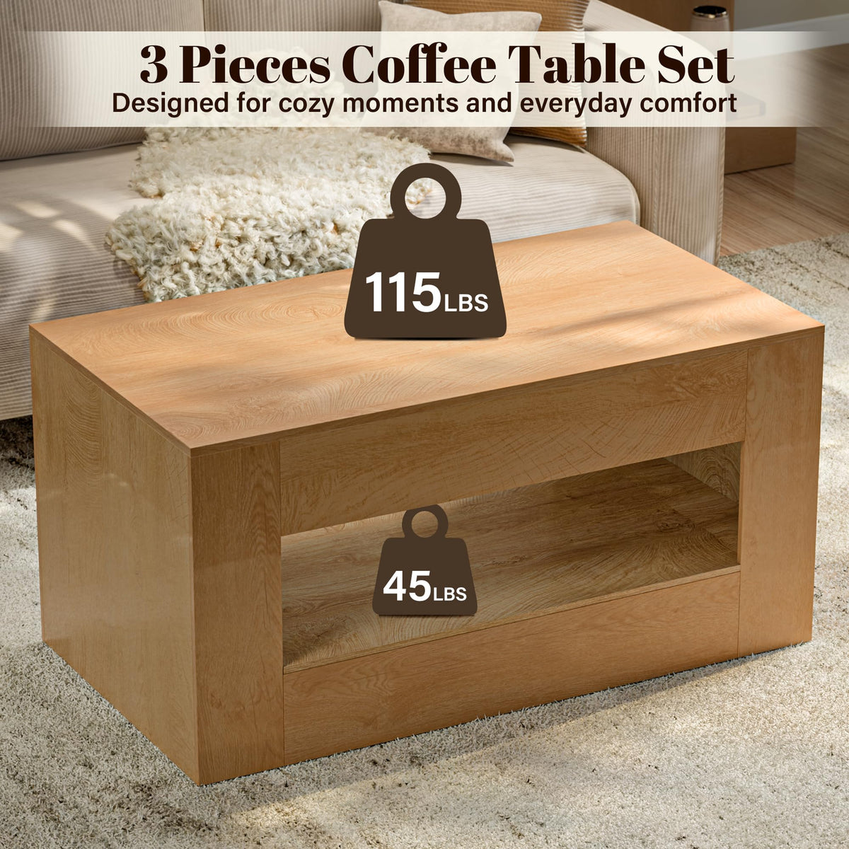 3 Piece Living Room Coffee Table Set, 41.3" Coffee Table and 2 End Tables