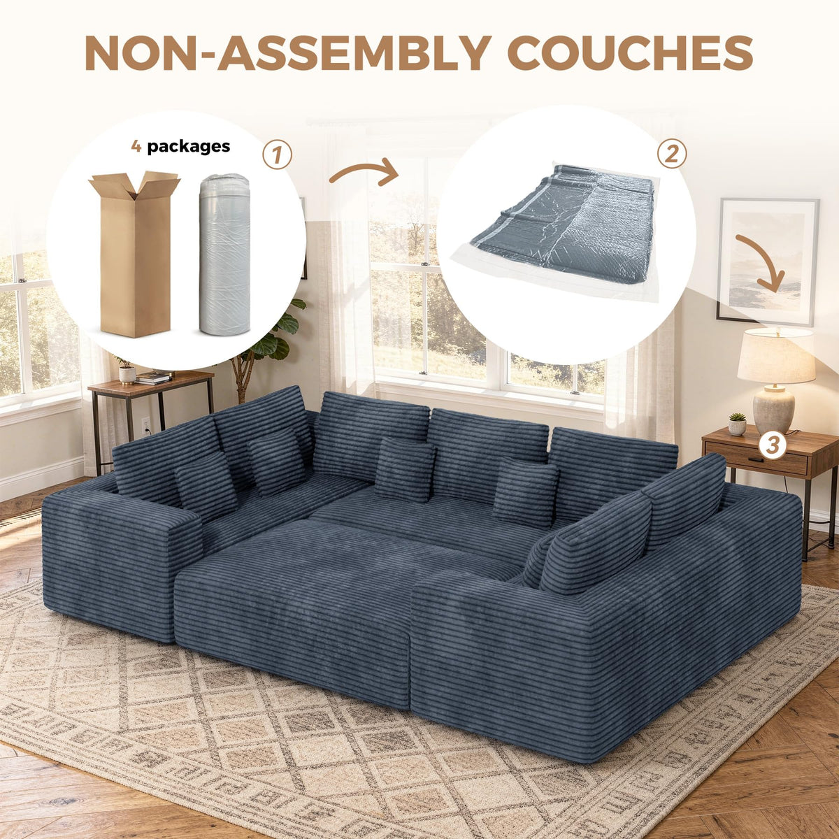 136'' Sectional Cloud Couches, Oversized U Shape 6 Seater Sofa Bed-Blue