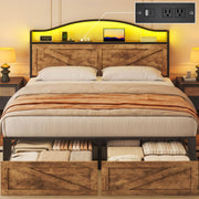 Lifezone Queen Bed with Farmhouse Storage Headboard, Queen Bed with 2 Storage Drawers and Fast-Charging Station and Led Light, No Box Spring Needed, Noise Free, Easy Assembly, Vintage Brown