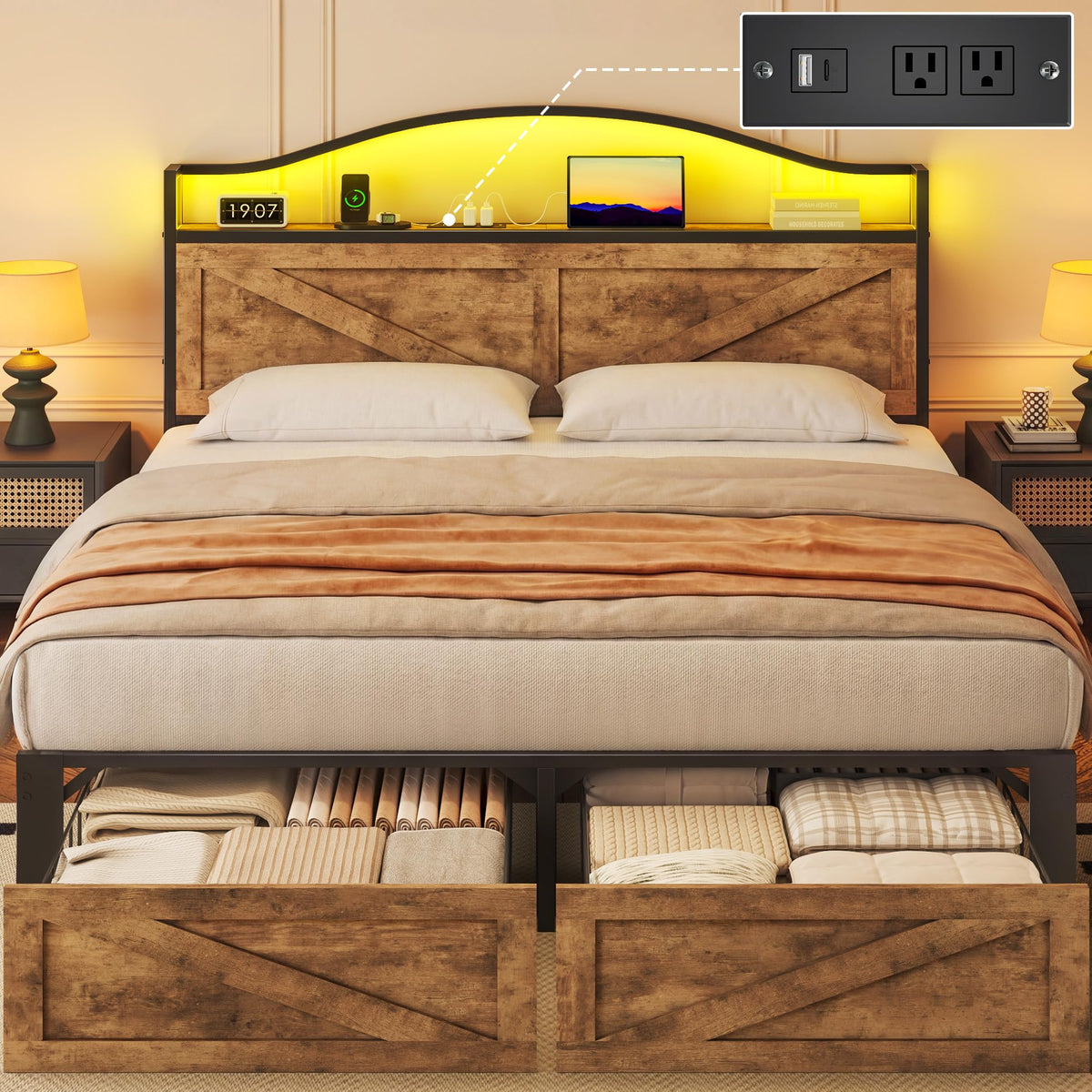 Lifezone Queen Bed with Farmhouse Storage Headboard, Queen Bed with 2 Storage Drawers and Fast-Charging Station and Led Light, No Box Spring Needed, Noise Free, Easy Assembly, Vintage Brown