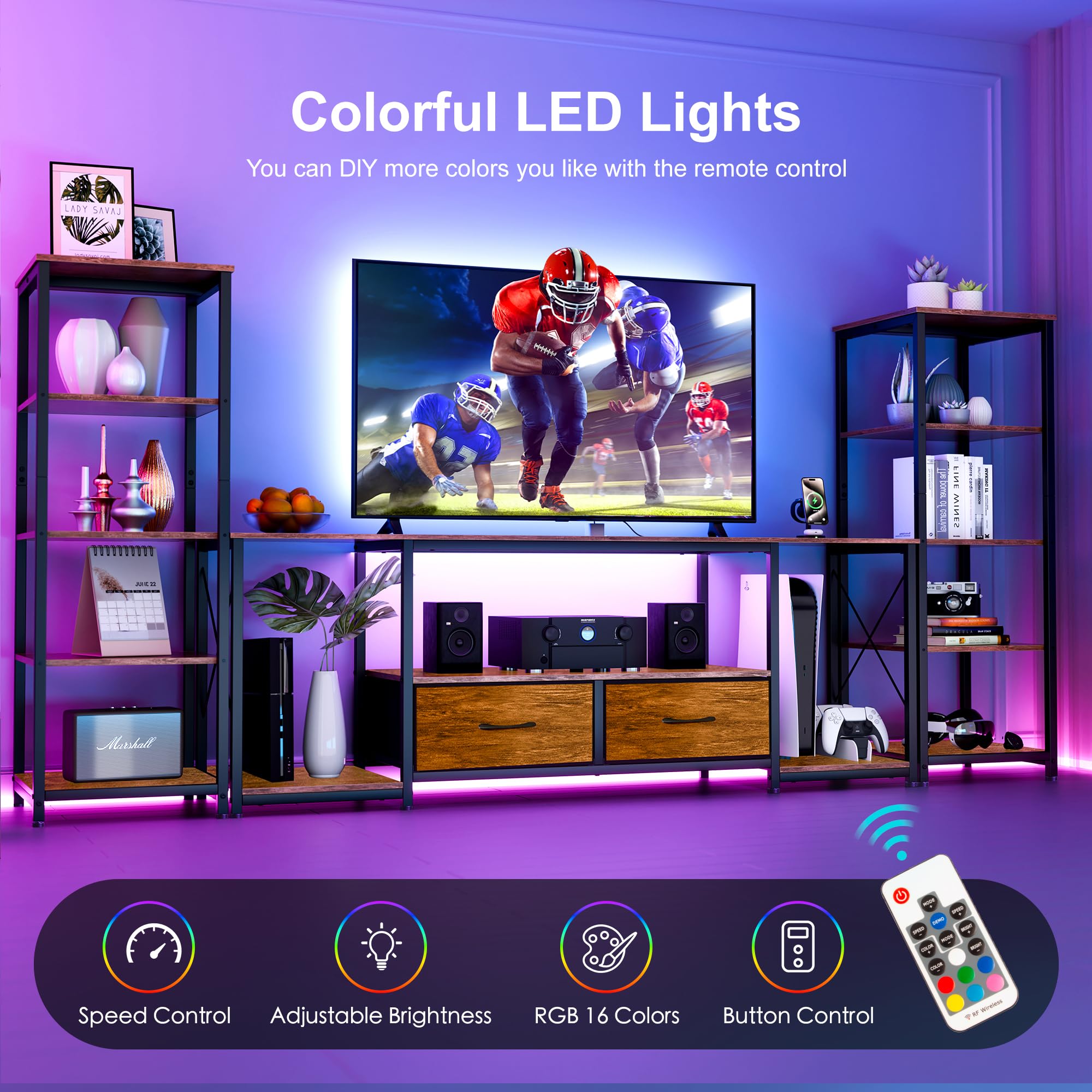 TV Stand with LED Lights & Power Outlets